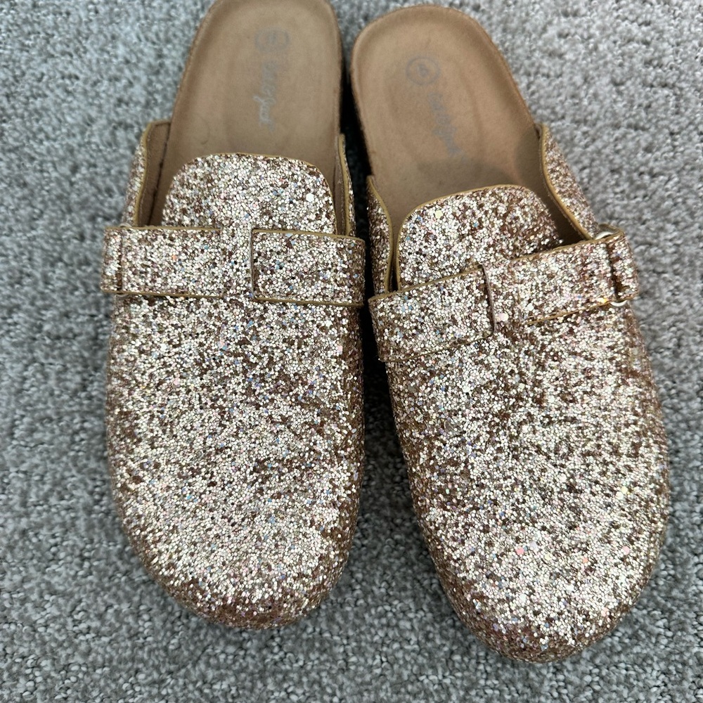 Gold sparkle slip on shoes